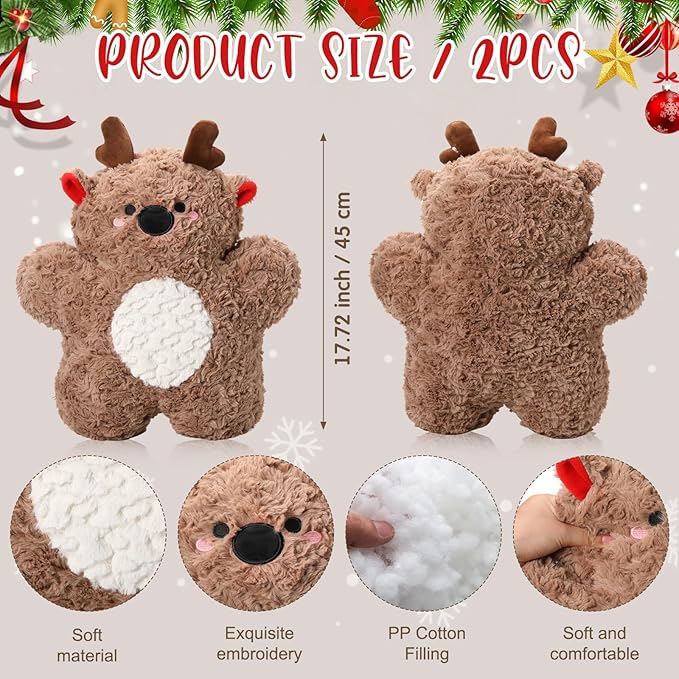 2 Set Christmas Pillows Decorations 17.72 Inch Soft Plush Elk Shaped Pillow Xmas Throw Pillow Christmas Deer Pillow for Sofa Bedroom Living Home Holiday Party Decor Gifts