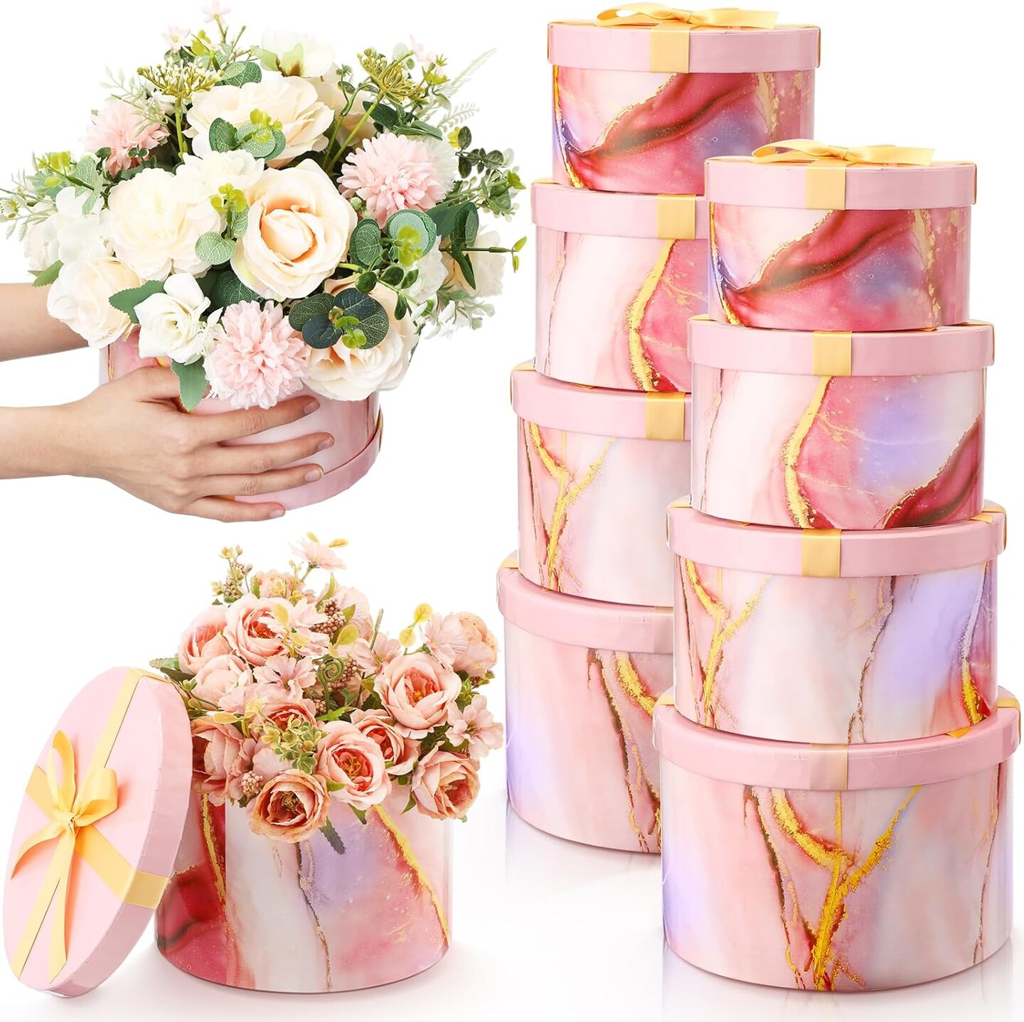 8 Set Round Nesting Gift Boxes with Lids Marble Floral Boxes 4 Assorted Sizes with Bow for Presents Birthday Bridesmaid Wedding Christmas Valentines Party Favor Boxes(Pink and White)