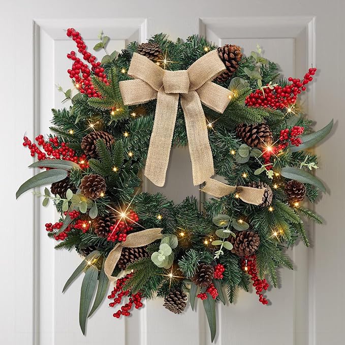 28&#x2019;&#x2019; Pre-Lit Artificial Christmas Wreath, Battery Operated 35 LED Lights with Leaves, Red Berries, Natural Pine Cones, and a Linen Bow for Front Door, Xmas Wreath for Holiday Christmas Decorations