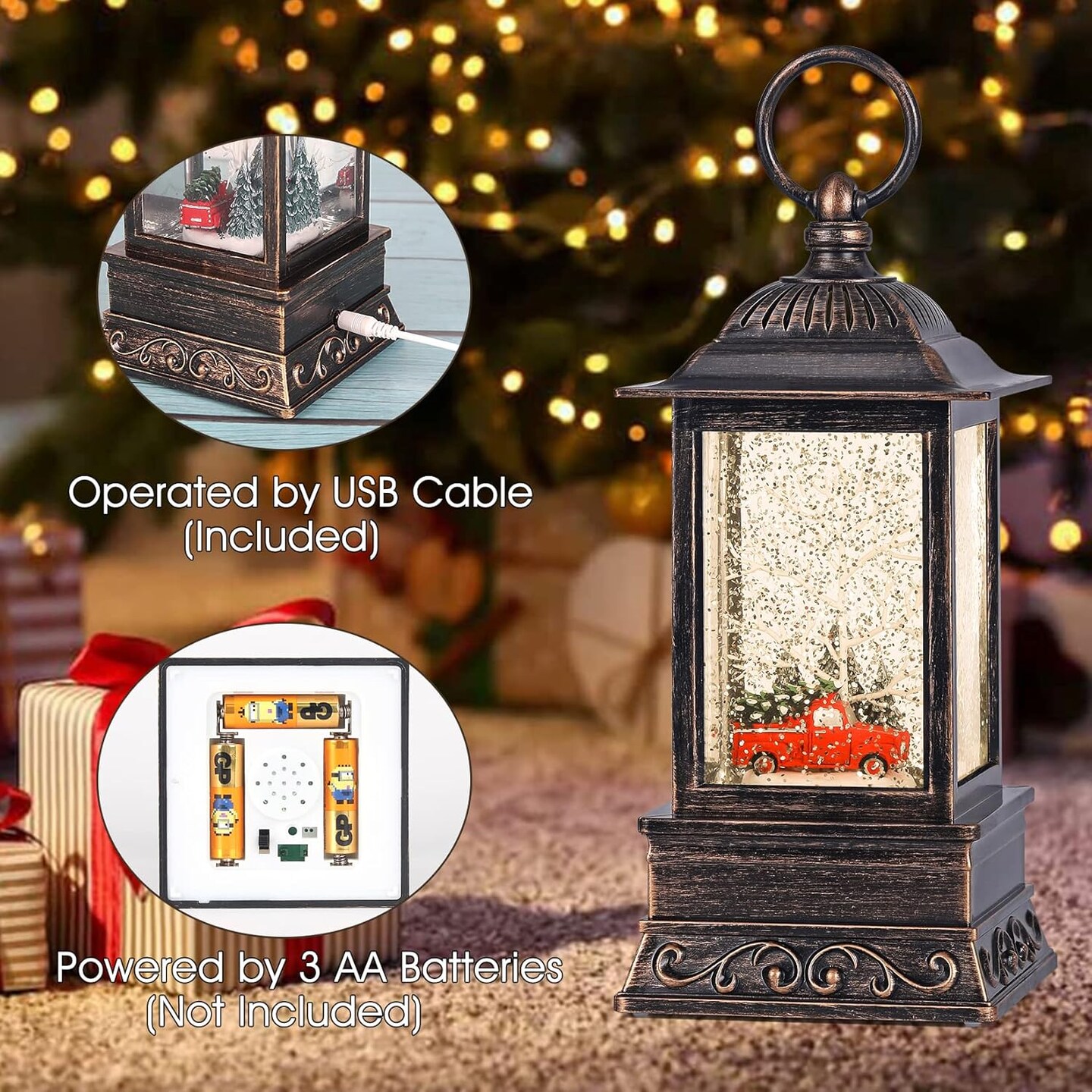 Christmas Snow Globe Red Truck Lantern, Glitter Lighted Christmas Decorations for Home with Music, Light Up Snowglobe Christmas Décor