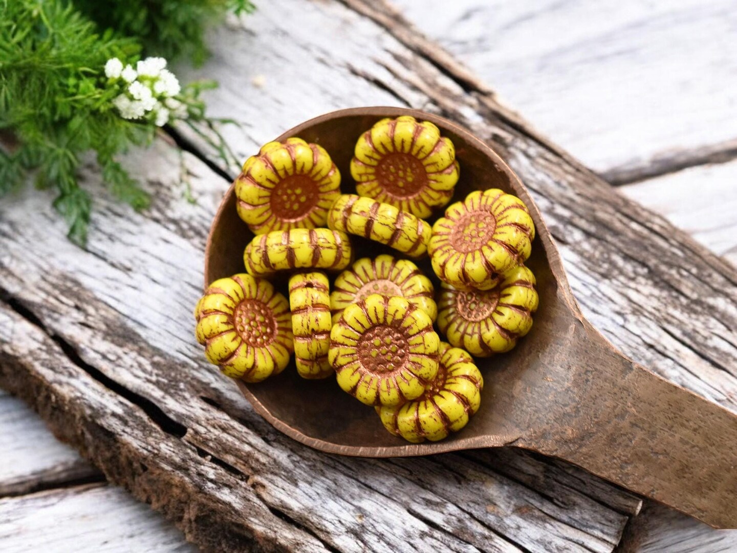 *12* 13mm Copper Washed Opaque Sunflower Yellow Sunflower Coin Beads