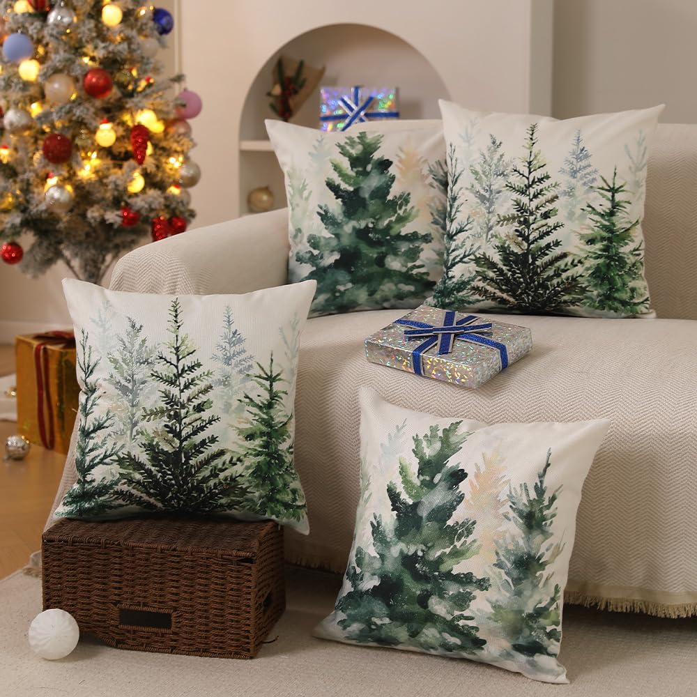 Christmas Pillow Covers 18x18 inch Set of 2 Watercolor Blue Green Christmas Tree Rustic Style Nature Forest Print Decorative Throw Pillows Winter Christmas Decor TH-32B18