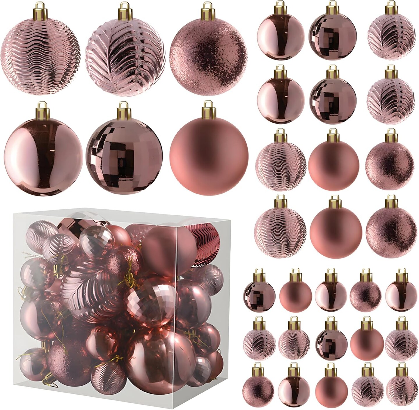 Champagne Christmas Ball Ornaments (36 pcs) - Shatterproof Xmas Tree Decorations with Hanging Loop in 6 Styles and 3 Sizes