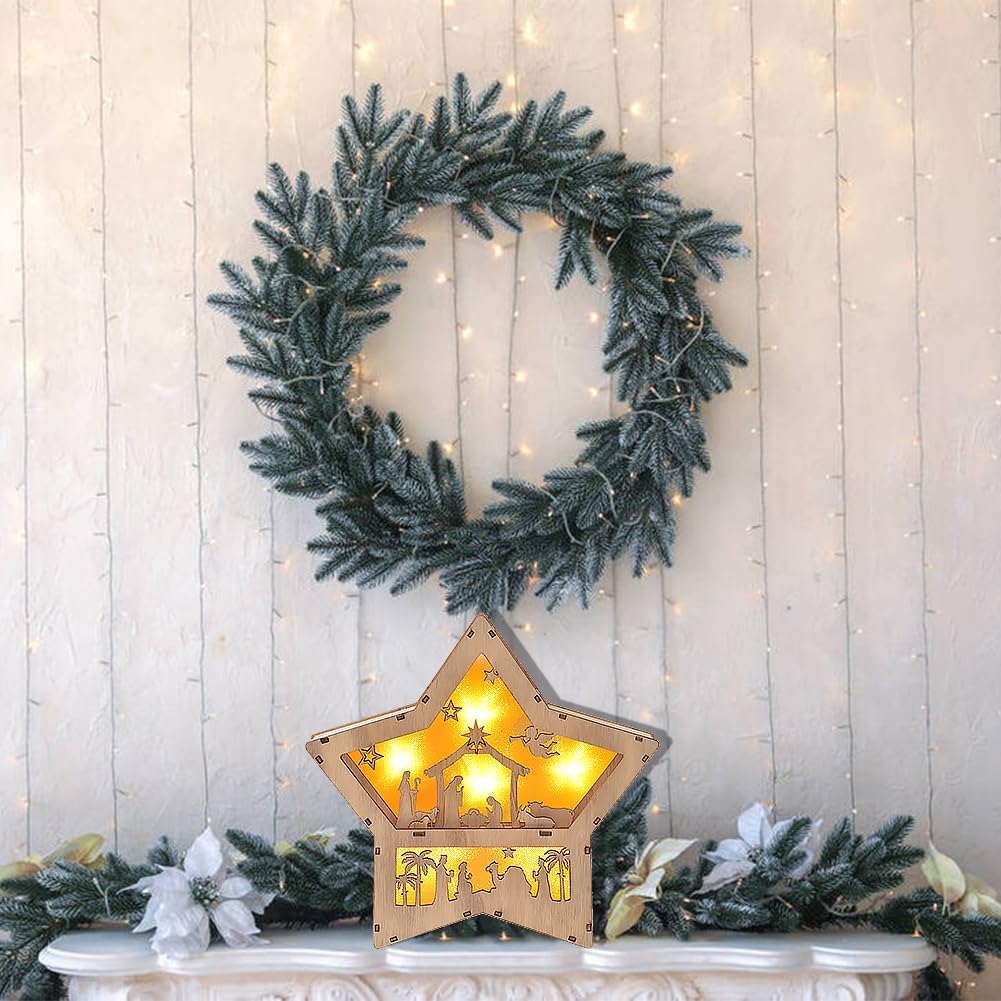 Christmas Nativity Set, Wooden Star Shaped Nativity Scene LED Light, 3D Christmas Decor, Indoor Festive Ornament, Winter Decoration Centerpiece for Table Tiered Tray Fireplace Mantel (Star)
