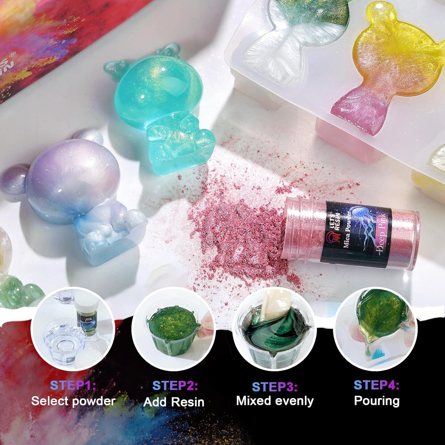 LET&#x27;S RESIN 60 Colors Mica Powder,Natural Pearlescent Pigment Powder for Epoxy Resin/UV Resin for Candle Making, Resin Dye, Painting, Bath Bombs, Art Crafts