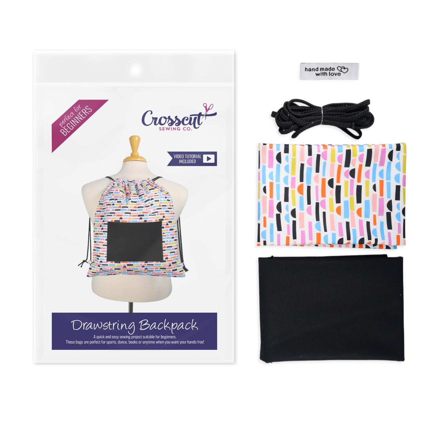 Crosscut Sewing Co.® Drawstring Backpack Sewing Project Kit - Beginner Sewing Kit - Sewing Kit for Kids