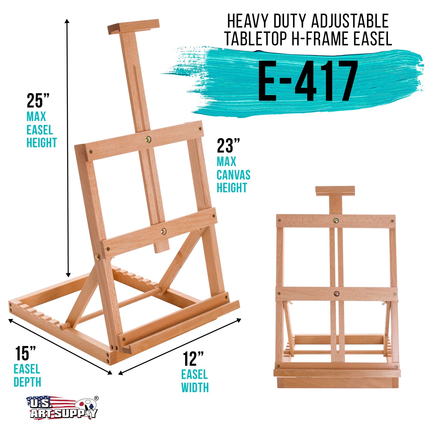 Venice Heavy Duty Tabletop Wooden H-Frame Studio Easel, Artists Adjustable Beechwood Painting &#x26; Display Easel, Holds Up To 23&#x22; Canvas, Portable Sturdy