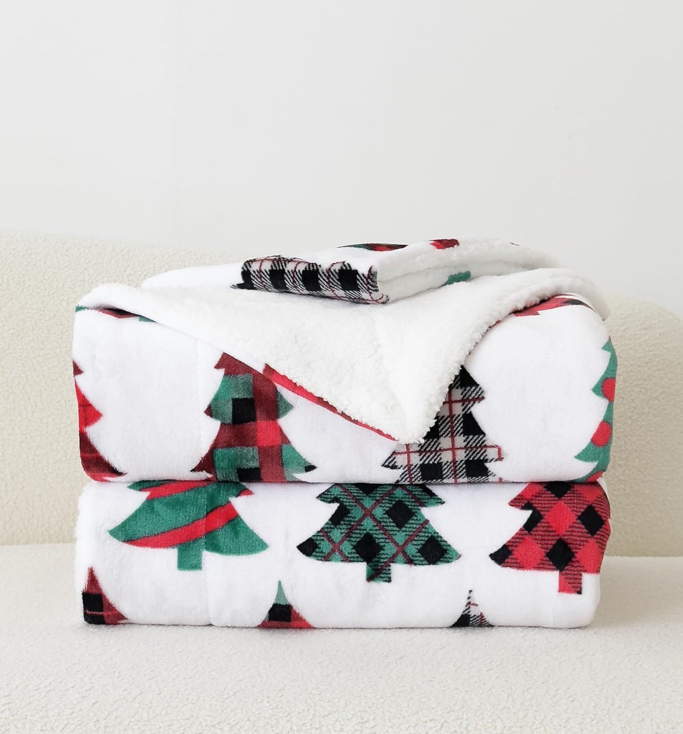 Reversible and Ultra-Plush Flannel Fleece-Winter Christmas Sherpa Throw- Lightweight Soft and Cozy-Holiday Decorative Throw, Perfect for Lounging, 50 x 60 inches, Plaid Christmas Tree