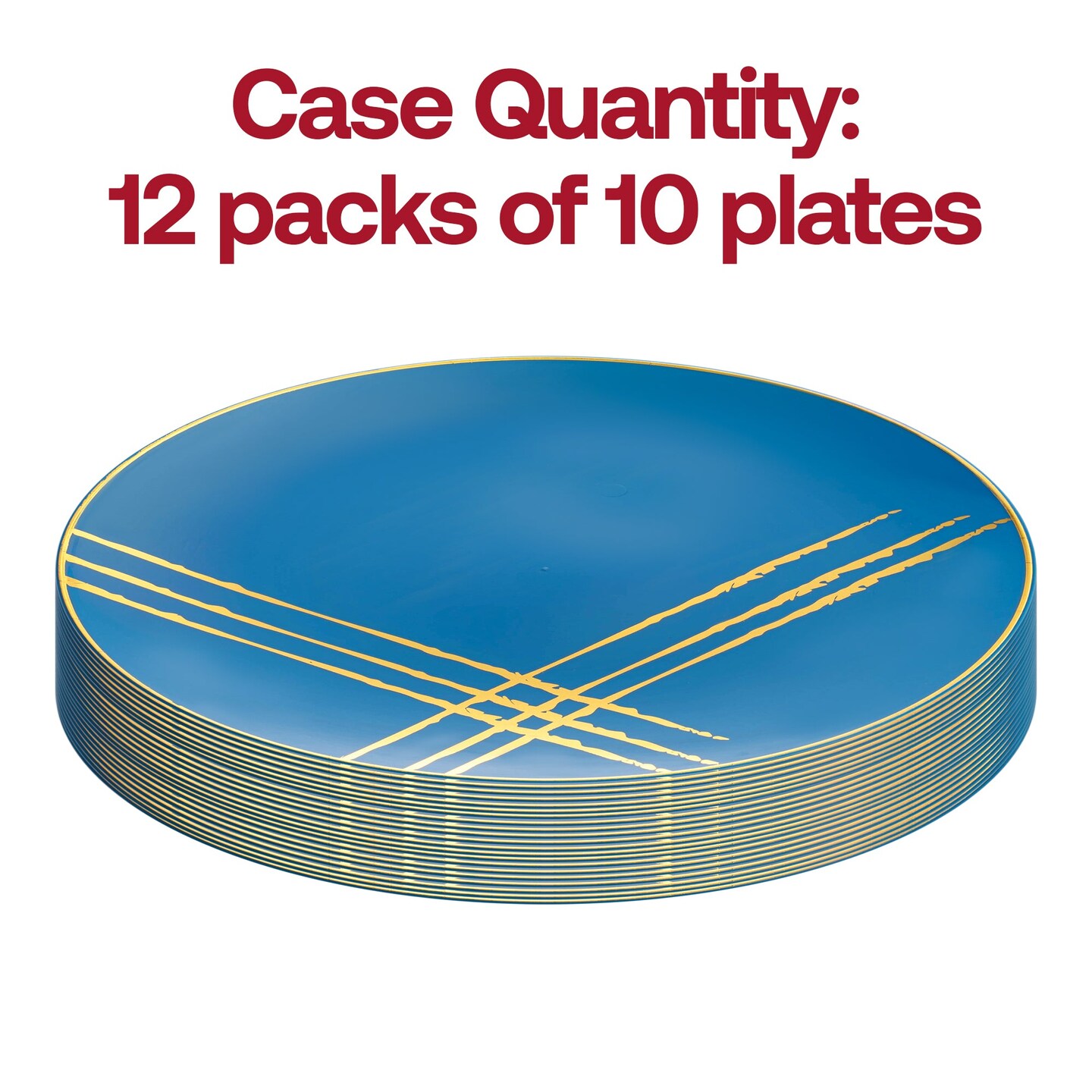Blue with Gold Brushstroke Round Disposable Plastic Dinner Plates - 10.25" (120 Plates)