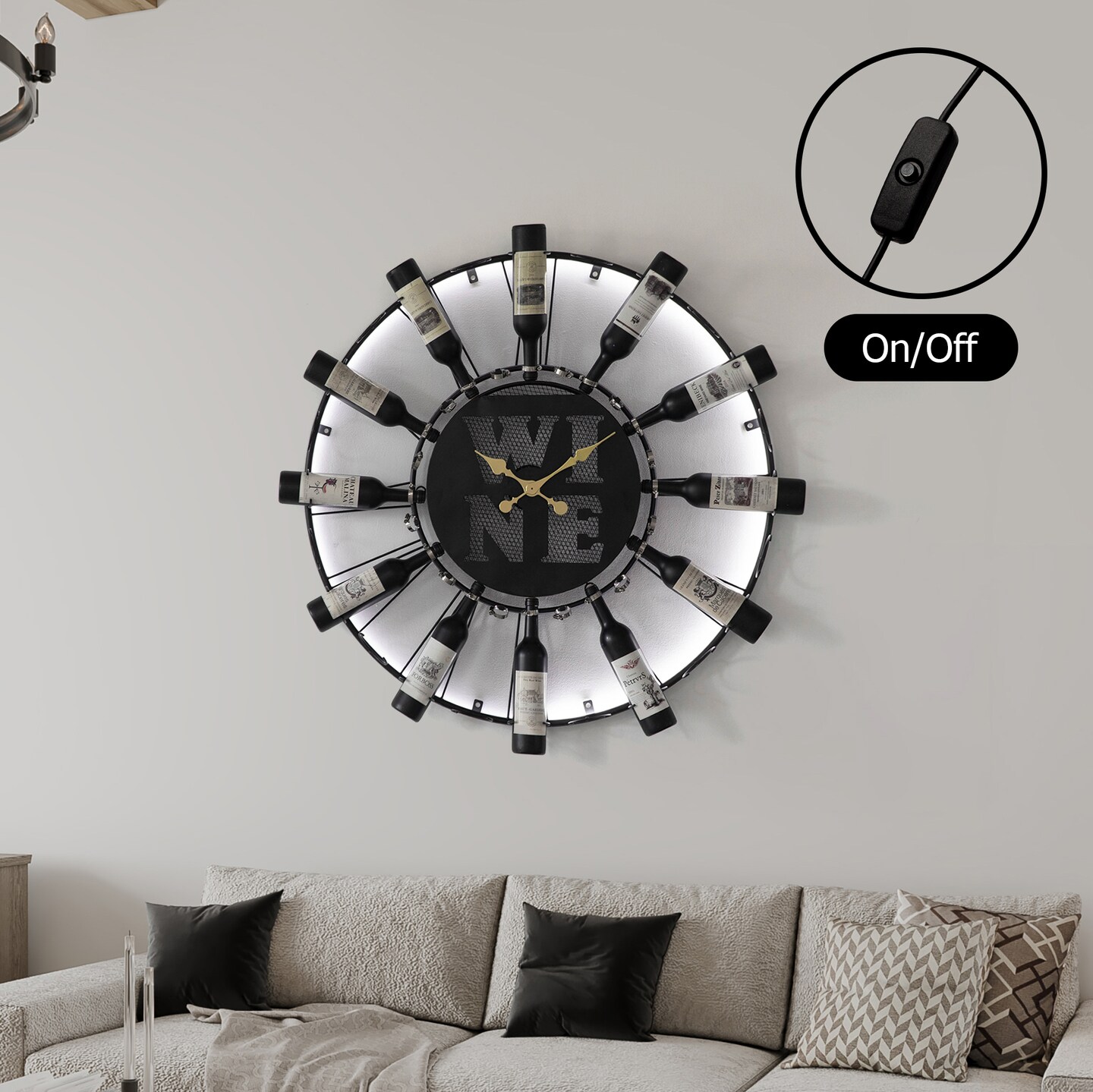 Vintiquewise Large Clock Wall-Mount Metal Wine Shelf – 24-Bottle Rack with Mesh Cork Basket and LED Light – Elegant Wine Display for Living Room, Kitchen, Dining Room, Home Bar, or Wine Cellar