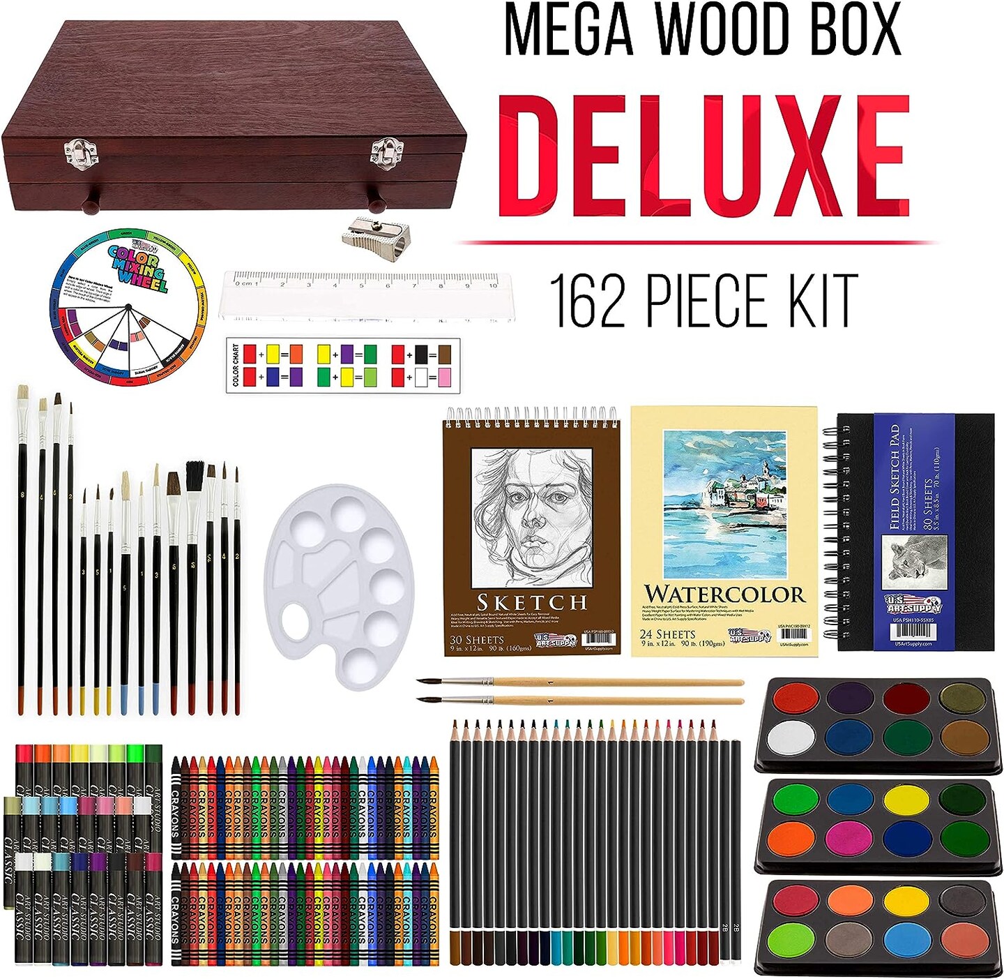 The 162-piece Deluxe Mega Wood Box Art Painting and Drawing Set includes an artist&#x27;s painting pad, two sketch pads, 24 watercolor paint colors, 24 oil pastels, 24 colored pencils, 60 crayons, and two brushes.