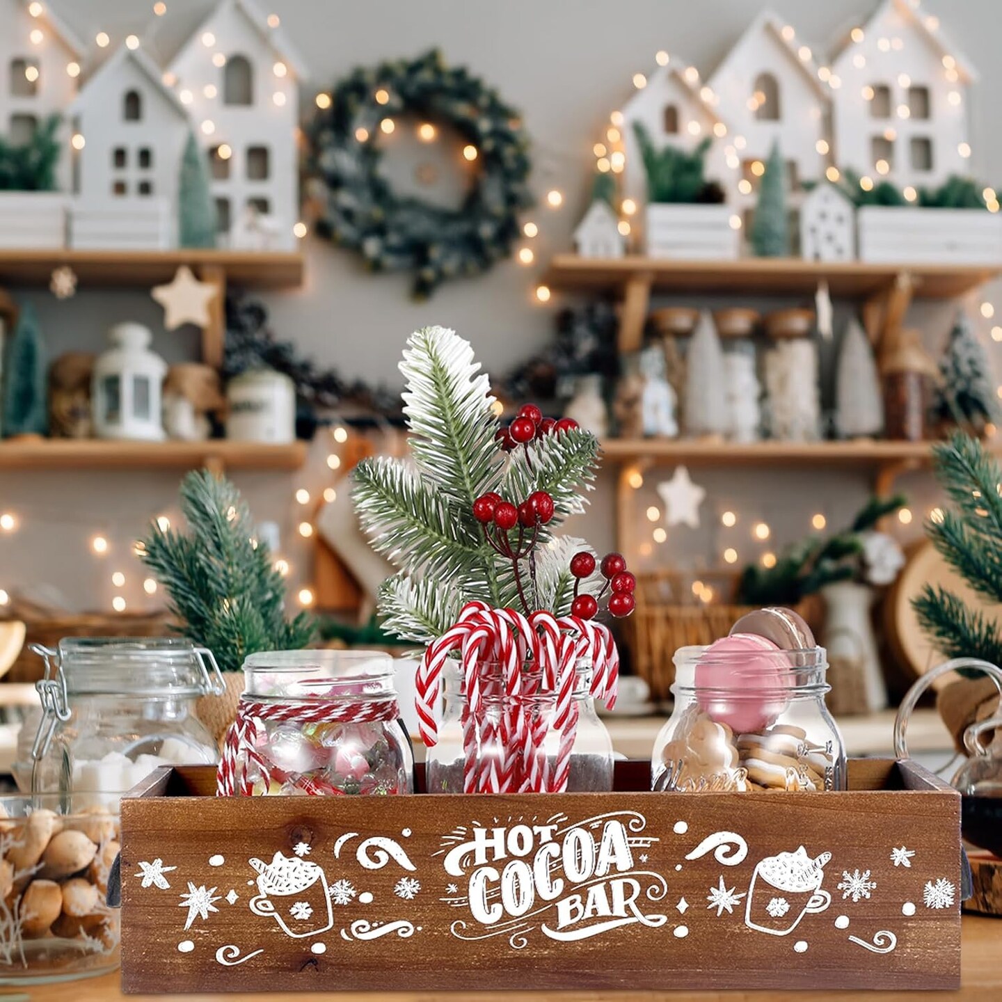 Hot Cocoa Bar Wood Storage Box Decorative Christmas Cute Wooden Storage Bins Farmhouse Open Holder Box Coffee Station Organizer for Xmas Holiday Bar Home Office Countertop(Brown,Retro)
