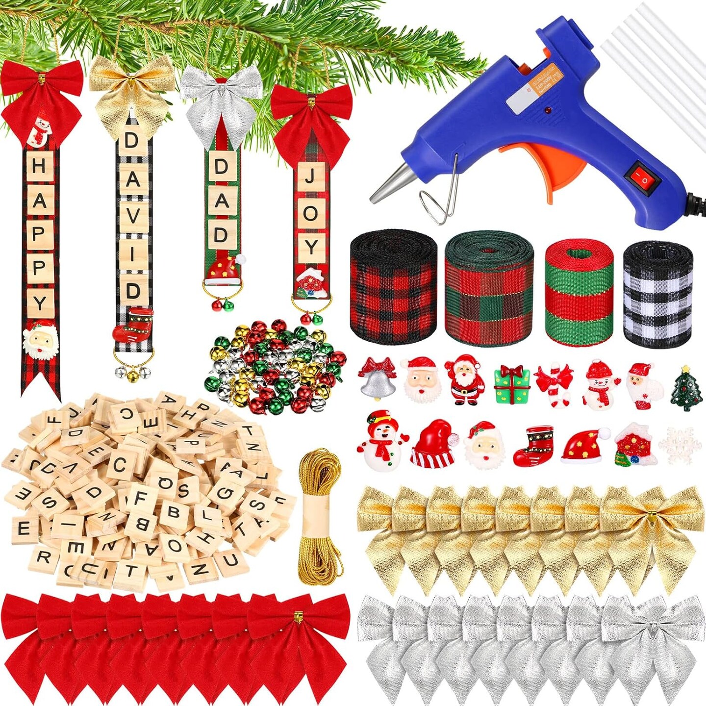 299 Pieces Christmas Ornaments Tree Decorations Personalized Crafts Kit DIY Ribbon Letter Tiles Bells Bows Hanging Rustic Stockings Hot Glue Gun Name Tags with Glue Sticks(Stylish)