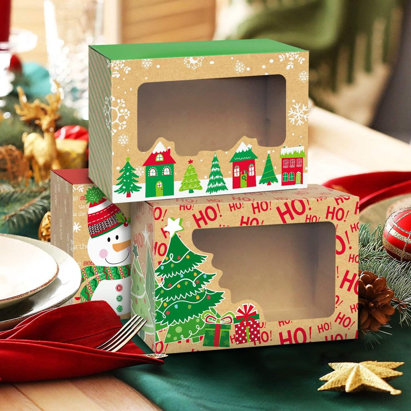 12 Christmas Cookie Boxes -Large Kraft Holiday Bakery Food Container for Gift Giving with 80 Count Christmas Foil Gift Stickers