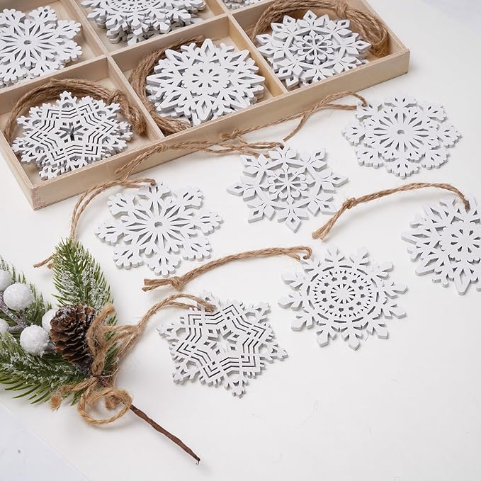 Hanging Wood Christmas Tree Snowflake Ornaments Crafts Hollowed Embellishments for Christmas Holiday Decor, 3inch, White