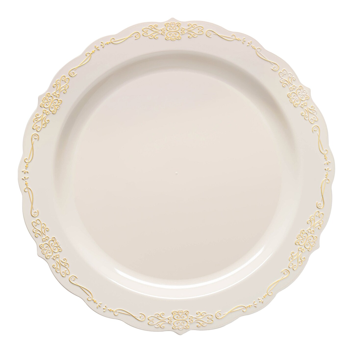 Ivory with Gold Vintage Rim Round Disposable Plastic Dinner Plates - 10&#x22; (120 Plates)