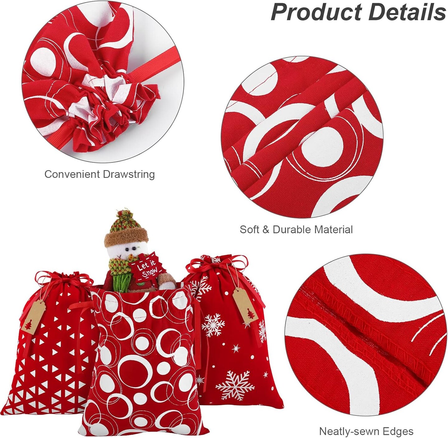 12 Pieces Christmas Drawstring Gift Bags Red and White Cotton Fabric Christmas Gift Bags with Drawstring 12 x 10 Inch Christmas Party Favor Bags for Christmas Party Supplies, 6 Designs