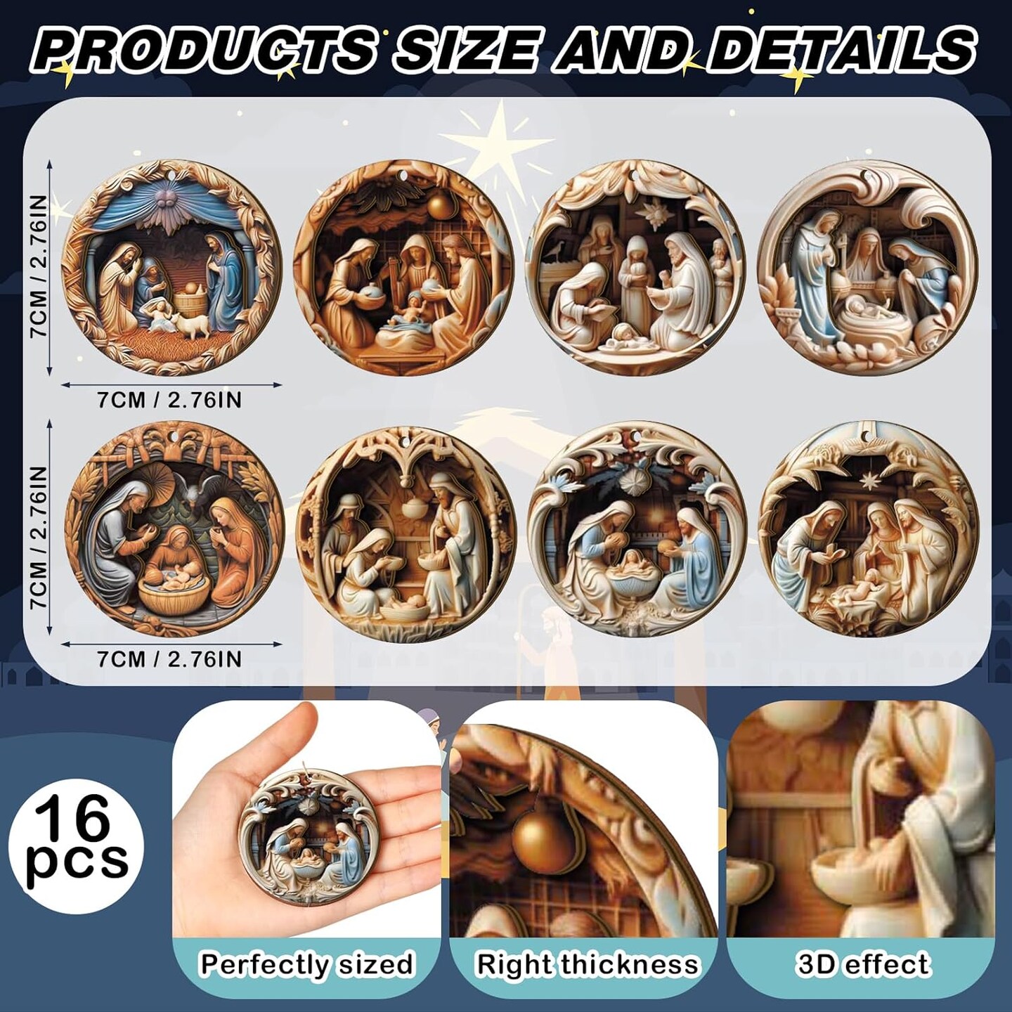 16 Pcs Nativity Scene Ornaments Religious Christmas Wooden Hanging Ornament 3D Nativity Christmas Ornament The Birth of Jesus Christian Christmas Decorations for Tree Xmas(Nativity)