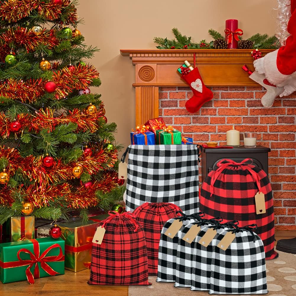 Buffalo Plaid Drawstring Bags, 9Pcs Soft Flannel Christmas Gift Bags Assorted Sizes Christmas Fabric Bags Reusable Christmas Gift Bags for Christmas Package Birthday Holiday Party(Red&#x26;Black)