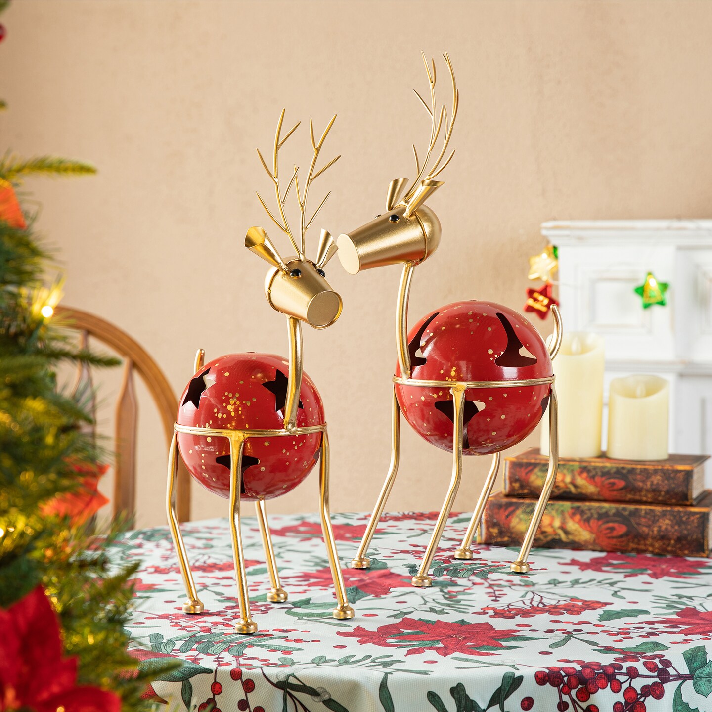 Set of 2 Christmas Metal Bells Reindeer Table D&#xE9;cor or Floor D&#xE9;cor