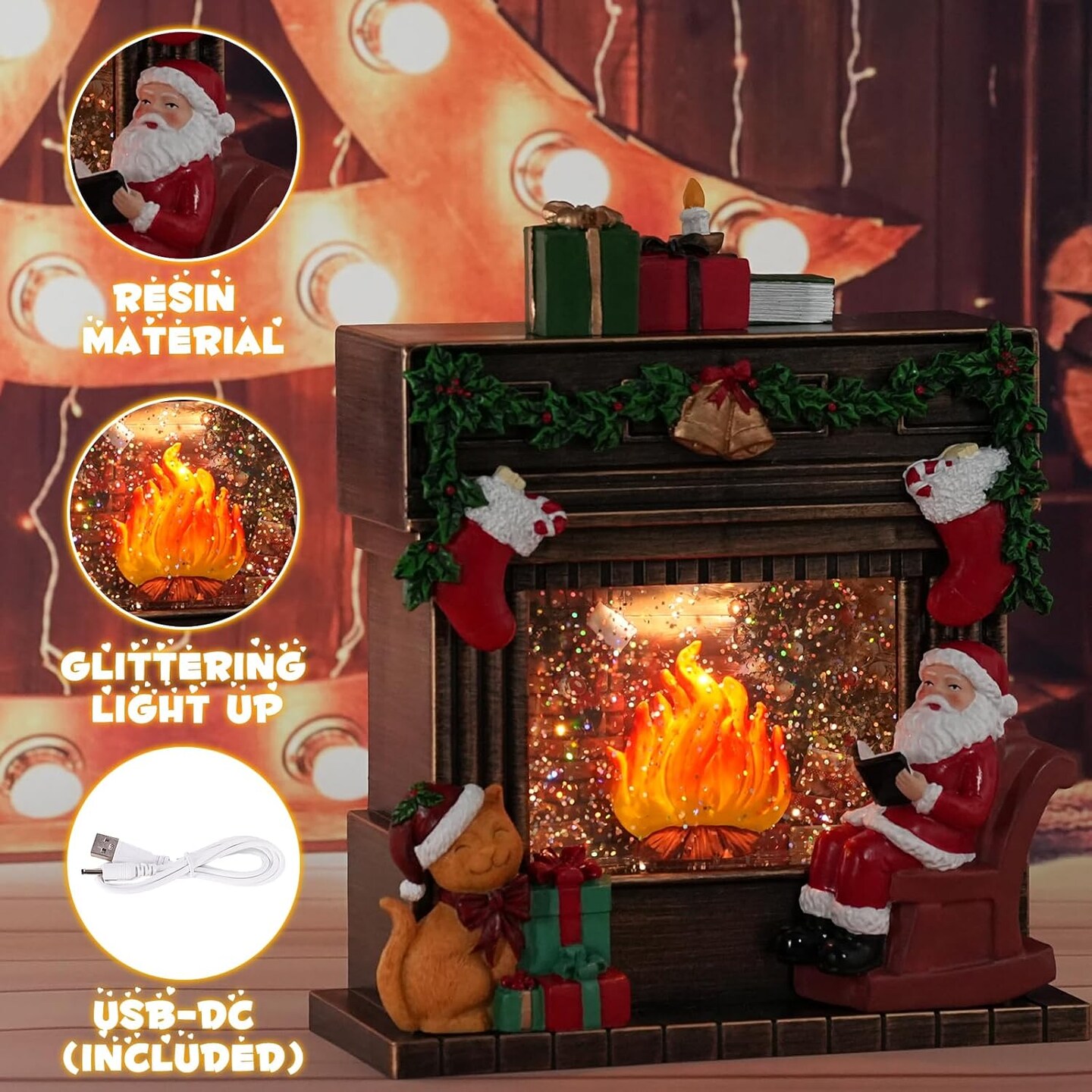 Christmas Snow Globes with 6H Timer, Lighted Musical Snow Globe Santa Claus Fireplaces Lantern with Swirling Glitter, USB &#x26; Battery Operated Spinning Glitter Snow Globe Christmas Decorations Gifts
