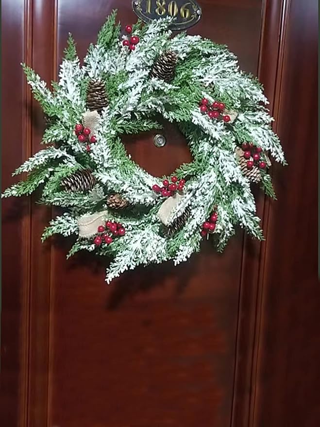 2 Pack Christmas Wreath 23&#x201D;, Winter Wreaths for Front Door with Pinecones, Red Berries, Burlap Ribbon &#x26; Snowflake, Artificial Outdoor Holiday Door Decorations with 2 Wreath Hangers