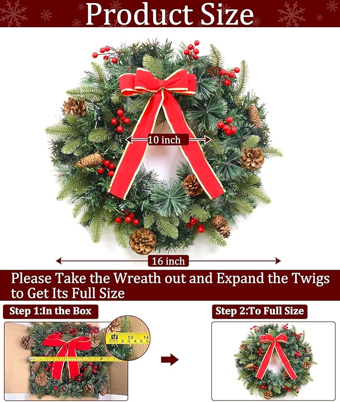 Dual Color Change &#x26; 8 Modes &#x26; Timer 16 Inch Prelit Christmas Wreath with 30 Warm White &#x26; Colored Lights Pinecones Berried Red Bow Xmas Norfolk Pine Wreath Christmas Wreaths for Front Door Wall Window