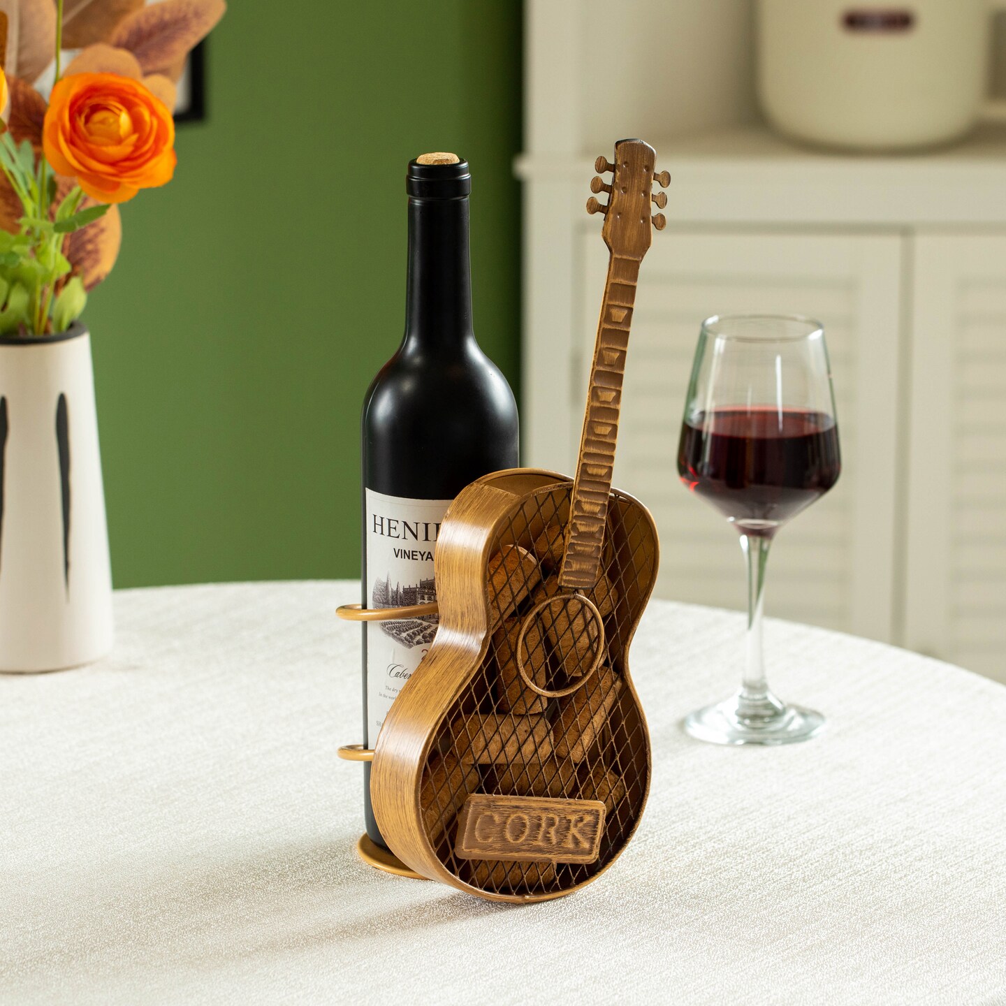 Vintiquewise Decorative Metal Guitar Shape Wine Bottle and Cork Holder &#x2013; A Unique Home Decor Piece and Countertop Accessory for Kitchens, Bars, and Dining Rooms, Great Collection for Wine Lovers