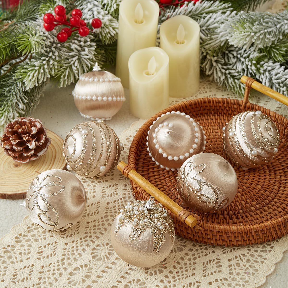 Champagne Satin Christmas Balls, Silk Christmas Tree Hanging Ornaments, Pack of 12 Luxury Shatterproof Xmas Tree Decorations Bulbs Set