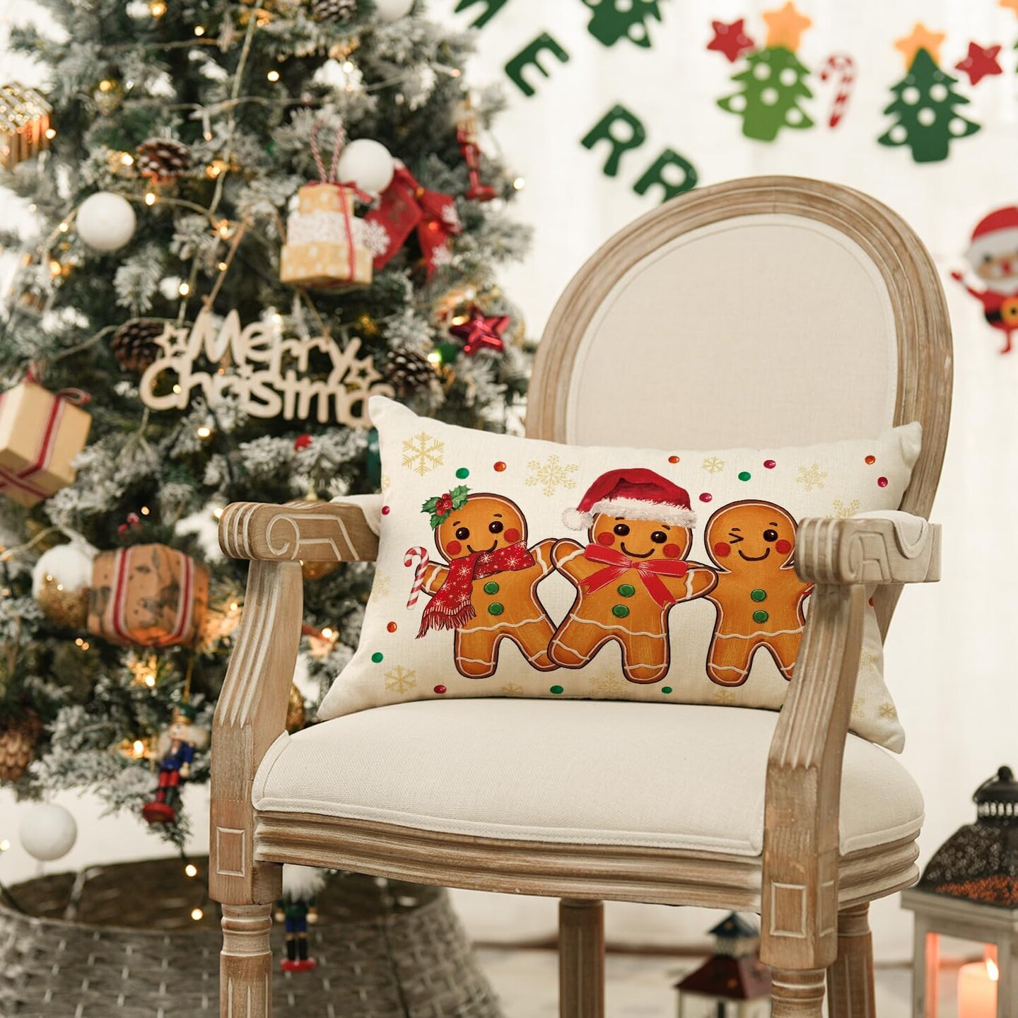 Christmas Gingerbread Man Snowflake Throw Pillow Cover, 12 x 20 Inch Winter Holiday Cushion Case Decoration for Sofa Couch