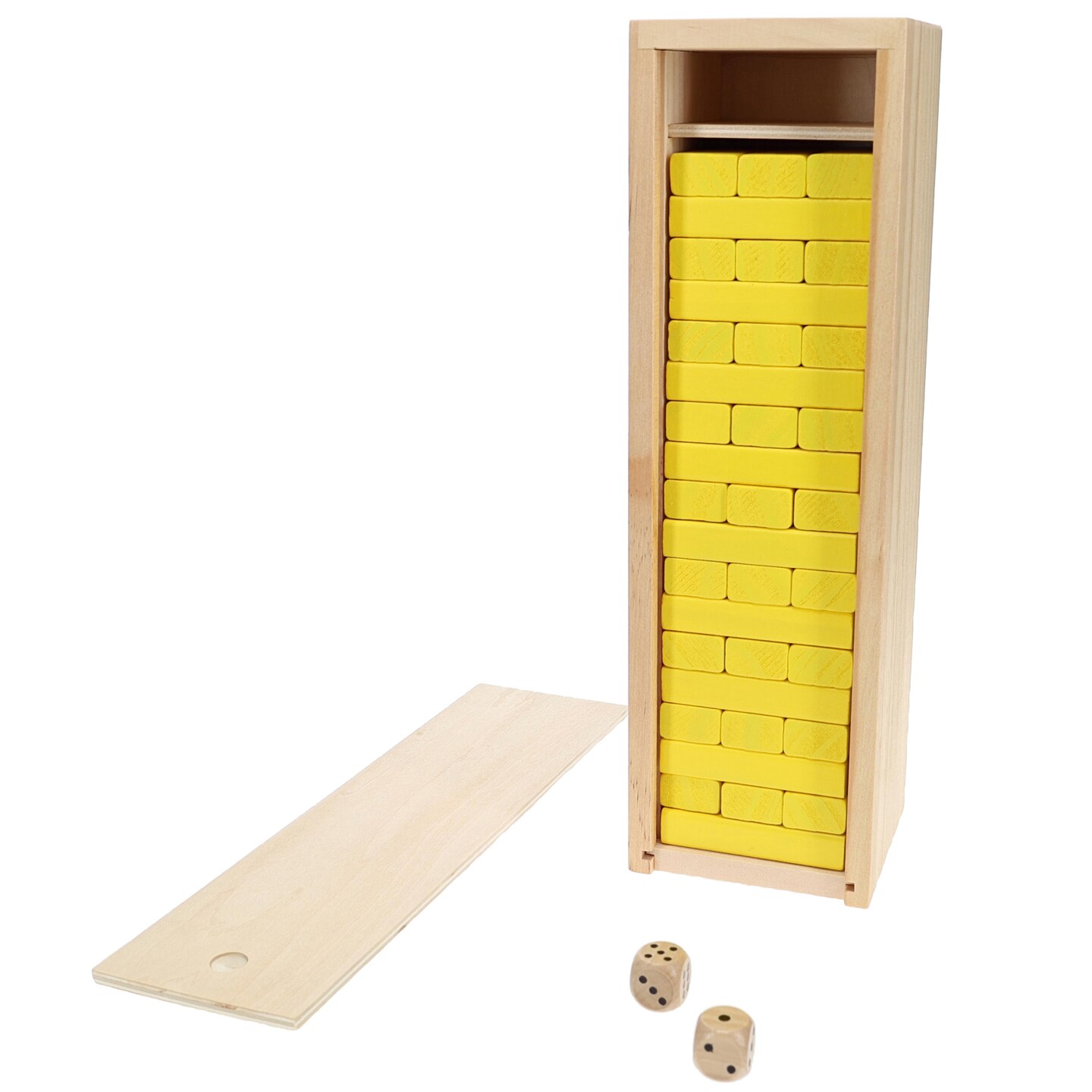 WE Games Wood Block Stacking Party Game That Tumbles Down when you play - Includes 12 in. Wooden Box and die