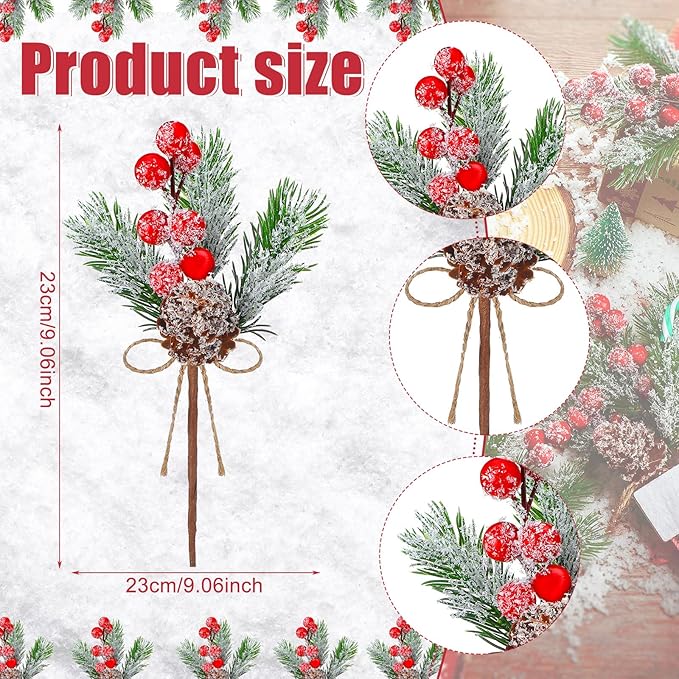 Crafts White Red Berry Stems Artificial Pine Branches with Snowflakes Flocked Holly Holiday Floral Picks for DIY Xmas Tree Winter Decor (Red Colors)