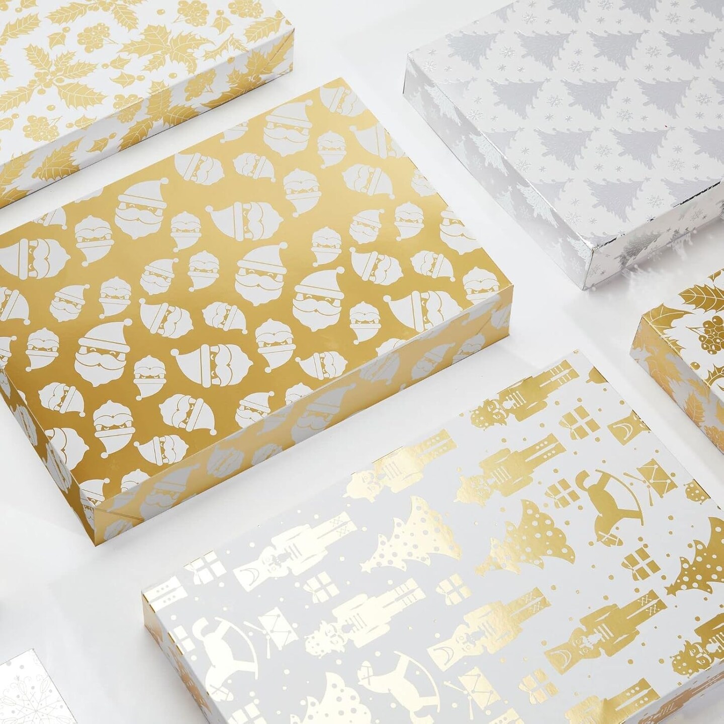 12Pcs Metallic Gold Silver Christmas Shirt Boxes, Xmas Tree, Snowflake, Nutcrackers, Mistletoe, Santa Gift Boxes with Lid, For Clothing Holiday Apparel Gift Wrapping Packaging 14.5x9.5x2 Inch