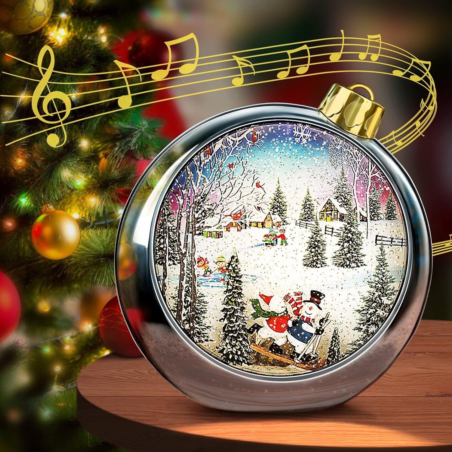 Big Christmas Snow Globes Lighted,6H Timer Snow Globes Bling Snow Globes Christmas Music Box 8 Songs, Silver Round Lantern with Xmas Tree