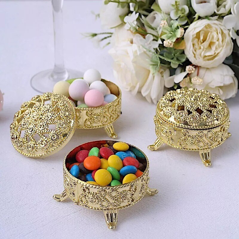 12 Metallic Gold 2.5 in Mini Round Candy Gift Boxes Vintage FAVOR HOLDERS Party