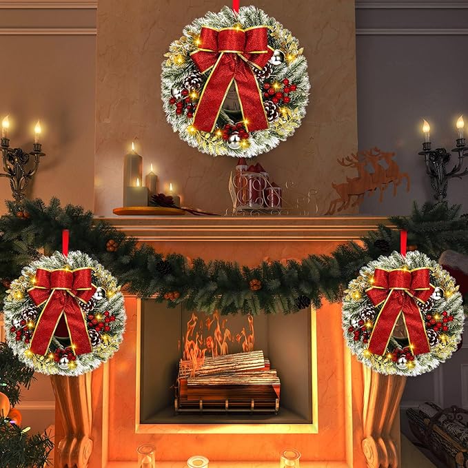 4 Pcs Lighted Christmas Wreaths, 13 Inch Pre Lit Small Xmas Wreath with Large Bow, Pine Needle Wreath with LED Lights Battery Operated Xmas Ornaments for Front Door Wall Christmas Party Decor (Silver)
