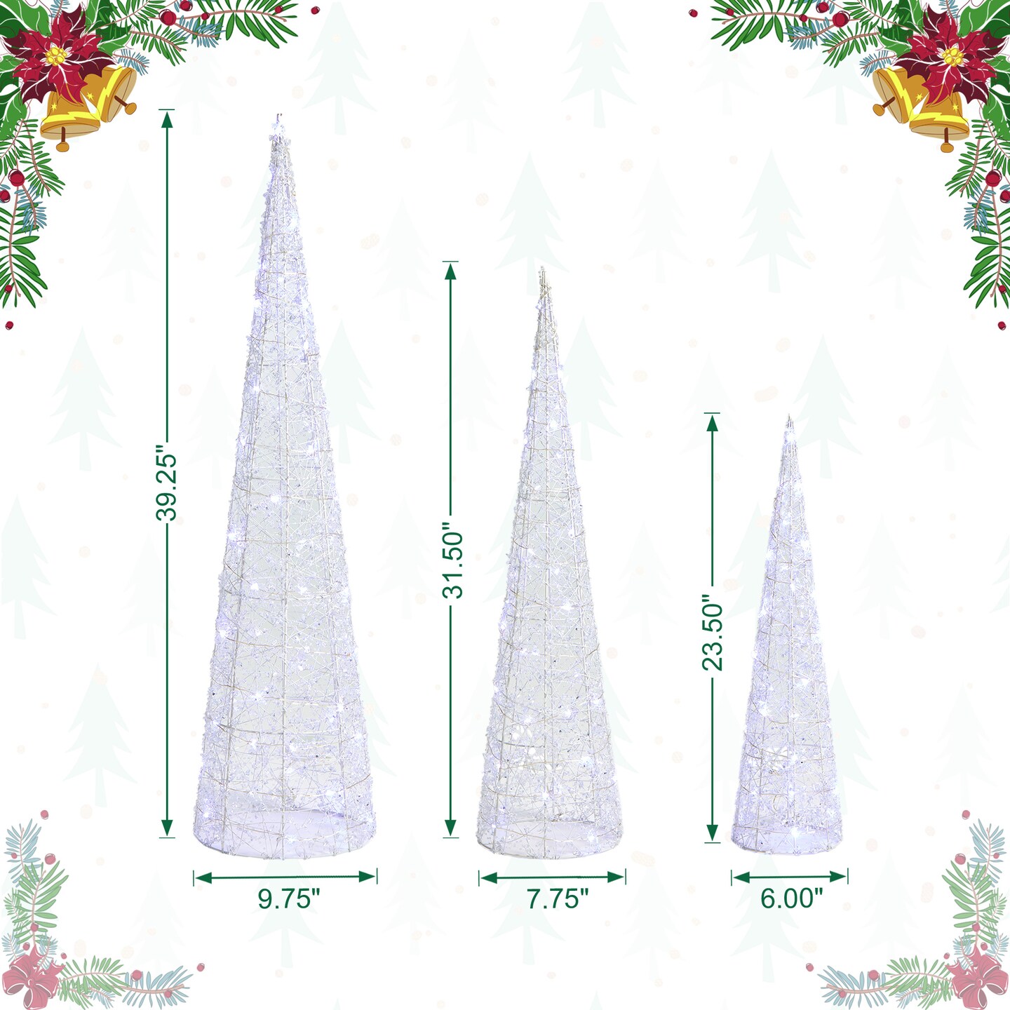 Set of 3 Lighted Christmas Crystal White Cone Tree with 130 White LED Lights