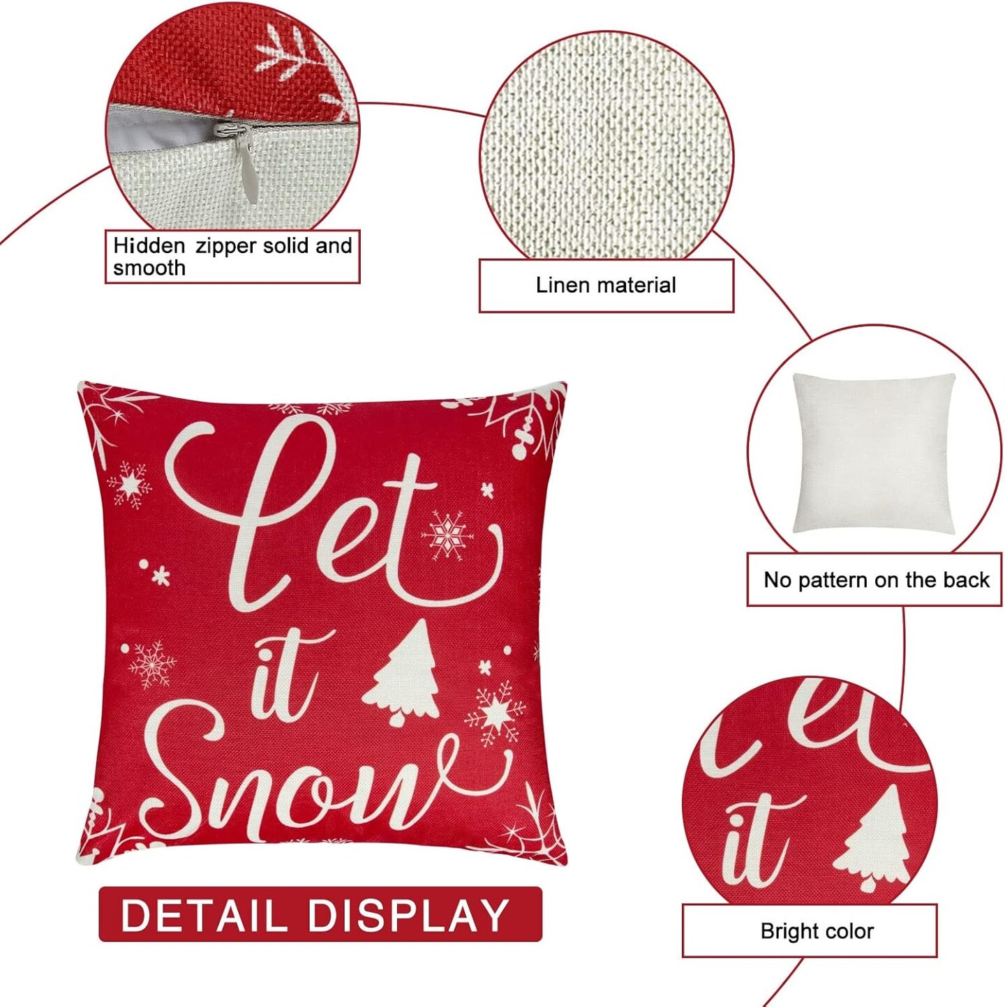 4Pcs Outdoor Christmas Pillows, Red Christmas Throw Pillows, Snowflakes Merry Christmas Let it Snow Deer Christmas Pillow Cases Holiday Pillow Covers 18x18 for Winter Home Decorations