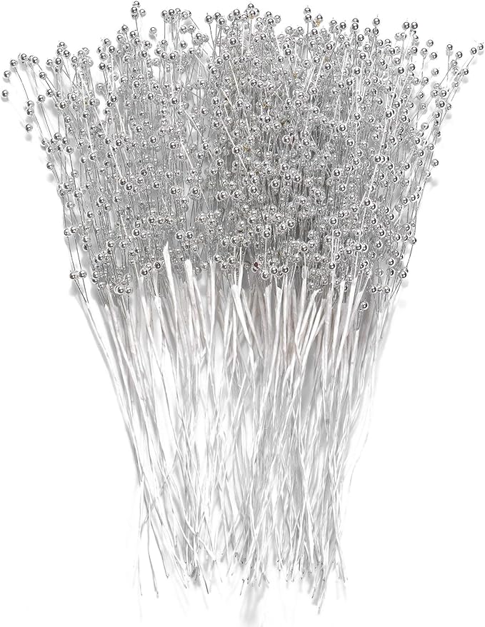 4mm Bead String Garland Beaded Spray Filler Floral Arrangements Tree Picks Wedding Party Decoration, Christmas Decorations, Christmas Tree Picks (Silver)