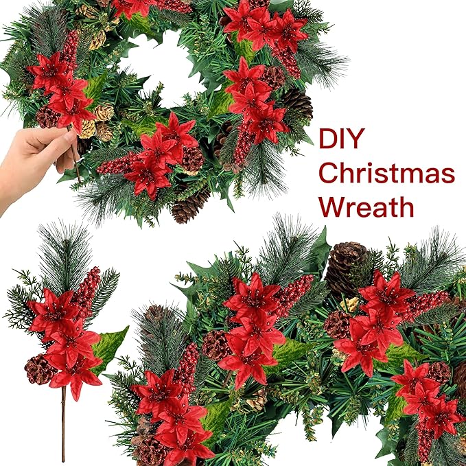 Poinsettia Picks Faux Berries Pine Stems Red Berry Pine Branches with Pine Cones Poinsettia for Xmas Tree Wreath DIY Craft Floral Arrangement Holiday Decor (Red)