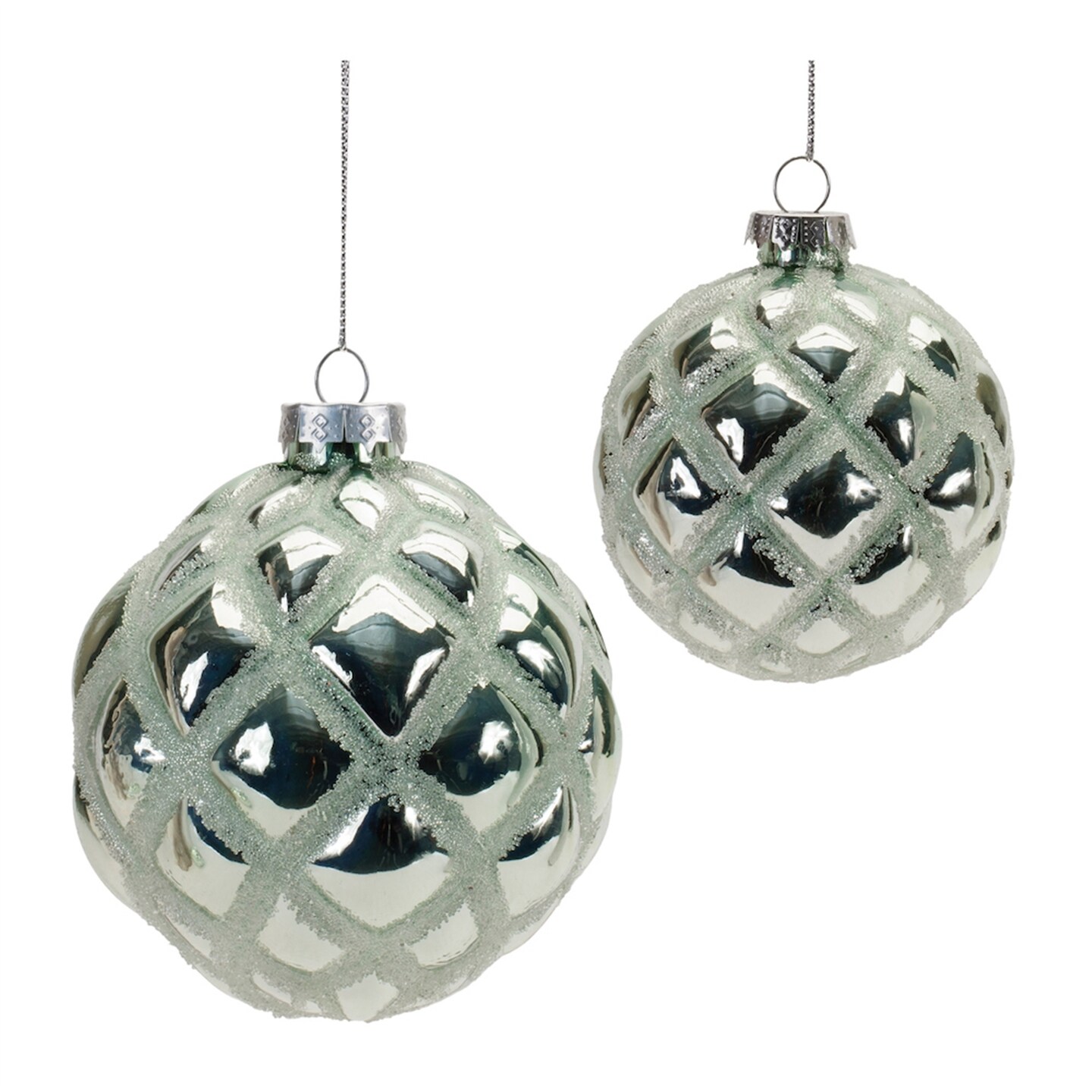 Melrose Beaded Harlequin Pattern Glass Christmas Ball Ornaments - 4&#x22; (100mm) - Green - 6ct