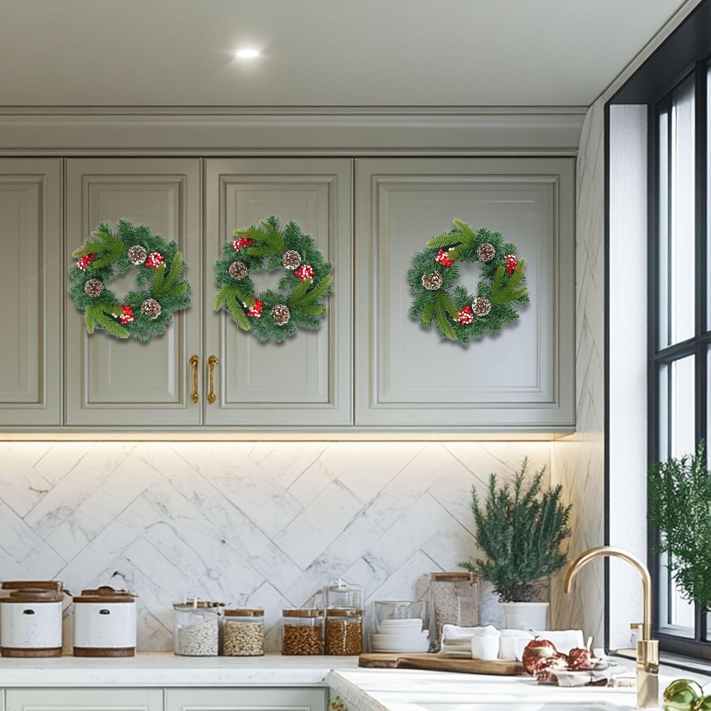 3 Pcs 11.5 Inch Small Christmas Wreath Mini Christmas Door Wreath with Frosted Berries Pine Tips Pinecones Christmas Decorations for Indoor Window Wall Stairs Room Home Office Decor Kitchen