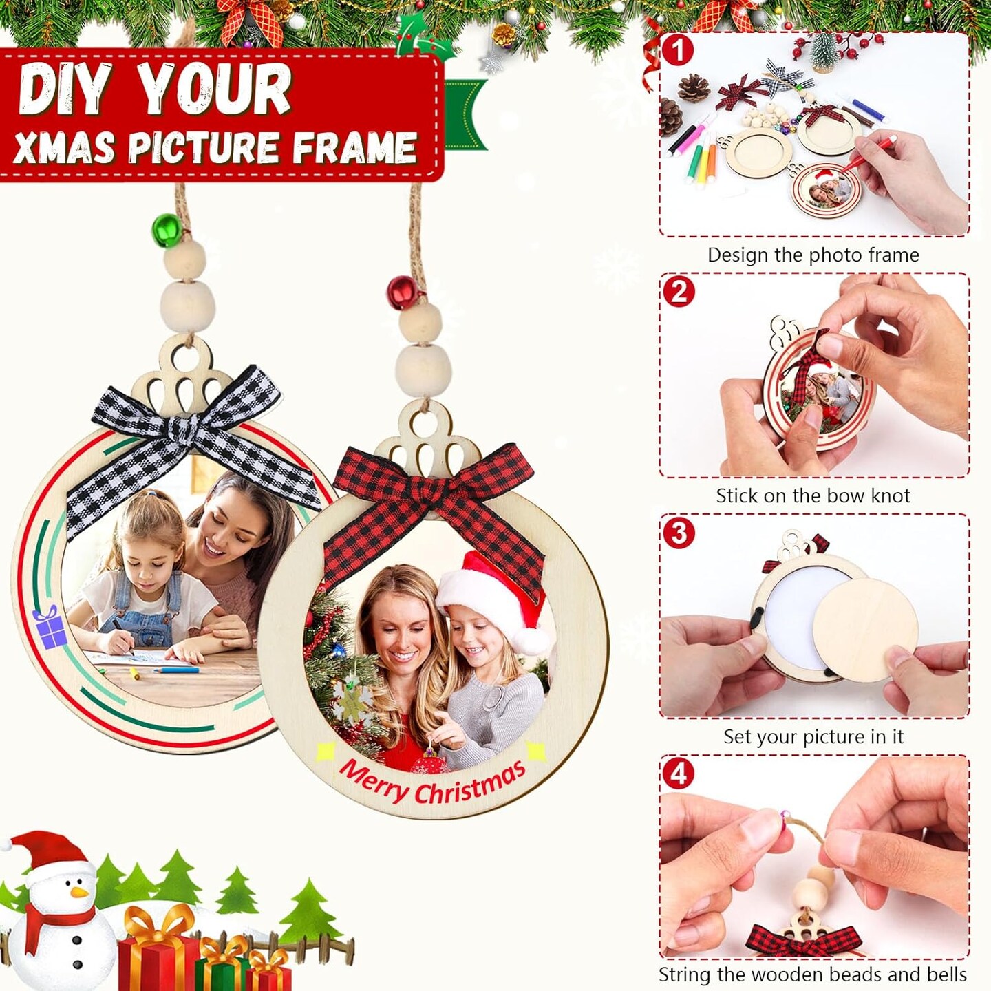 24PCS Christmas Picture Frame Ornaments for Christmas Tree, DIY Unfinished Wooden Photo Frame with Beads Bowknot and Colored Markers to Paint, Decorative Hanging Ornaments for Xmas Tree Decor