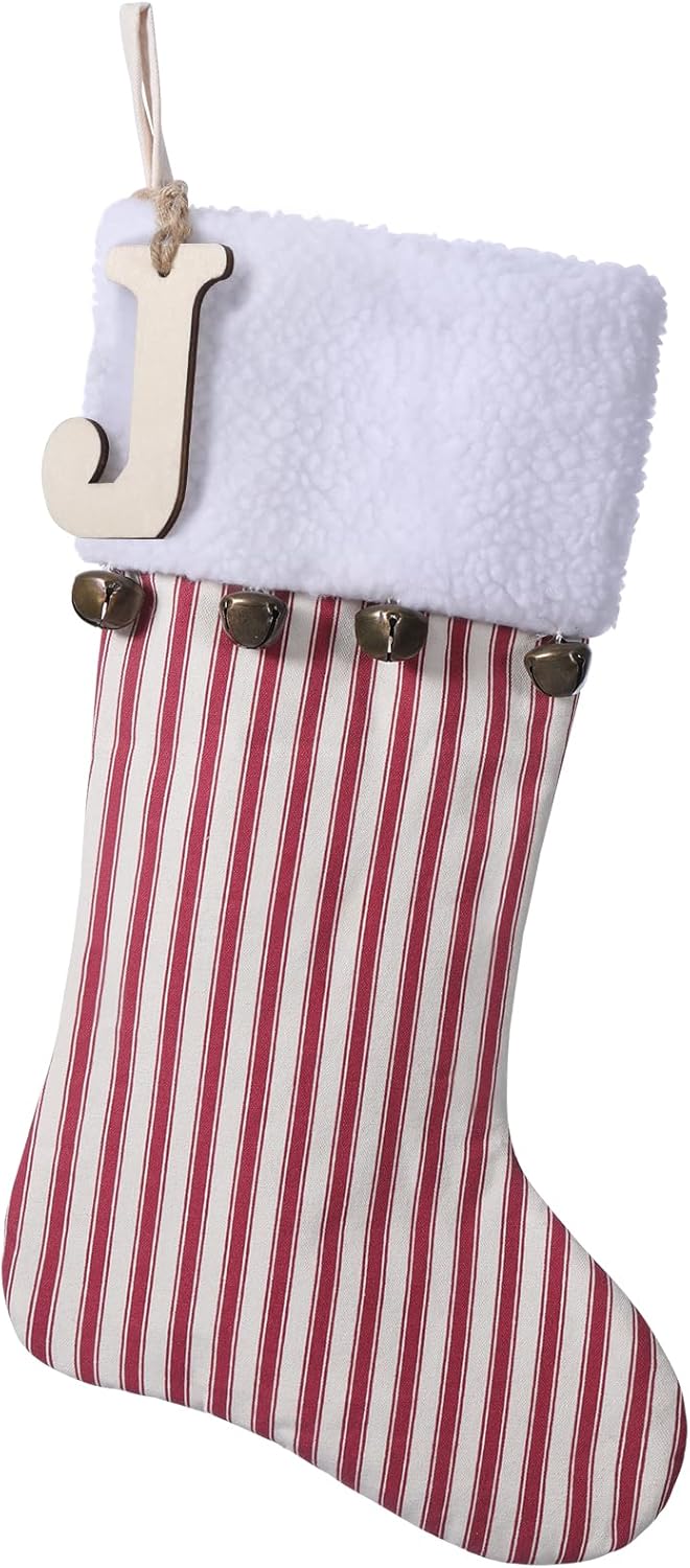 19.5 inch Red Vertical Stripe Christmas Stocking w/Bells, Personalized Wooden Initial Monogram Christmas Stocking, Holiday Xmas Party Decorations (J)