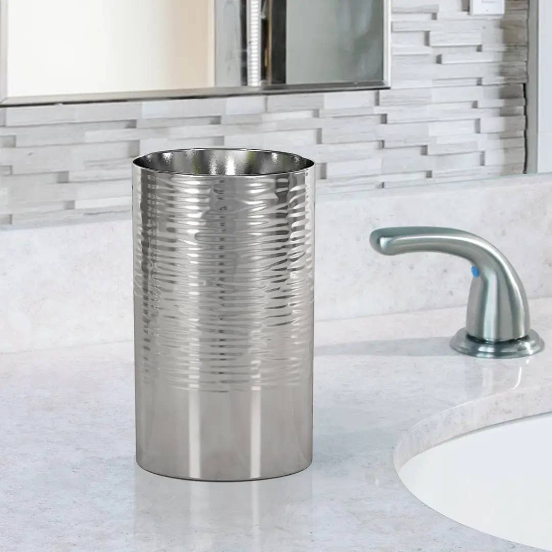 Stainless Steel Bathroom Tumbler Cup | Decorative Rinse Cup,Drinking Glass,Toothbrush & Makeup Brush Holder for Vanity Countertops,Sink & Desk | Shiny/Hammered Finish