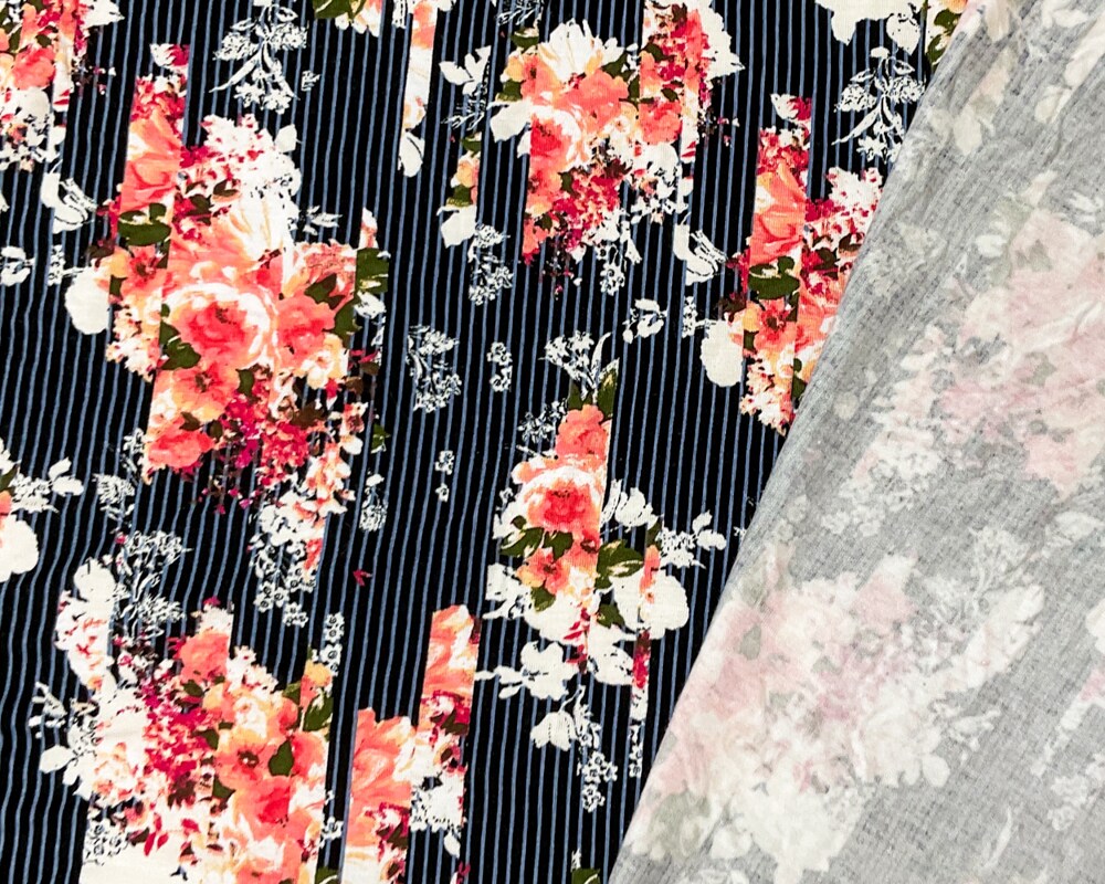 Black-Multi Rayon Spandex Floral Stripe Print Jersey Knit Fabric By the Yard