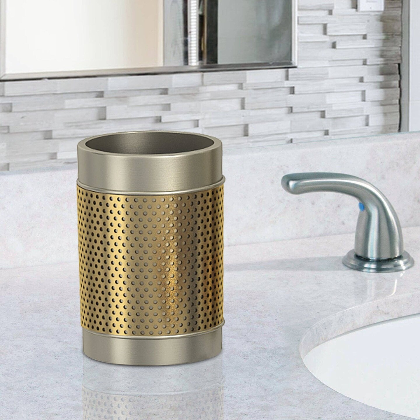 Stainless Steel Bathroom Tumbler Cup | Decorative Rinse Cup,Drinking Glass,Toothbrush & Makeup Brush Holder for Vanity Countertops,Sink & Desk | Pewter/Gold