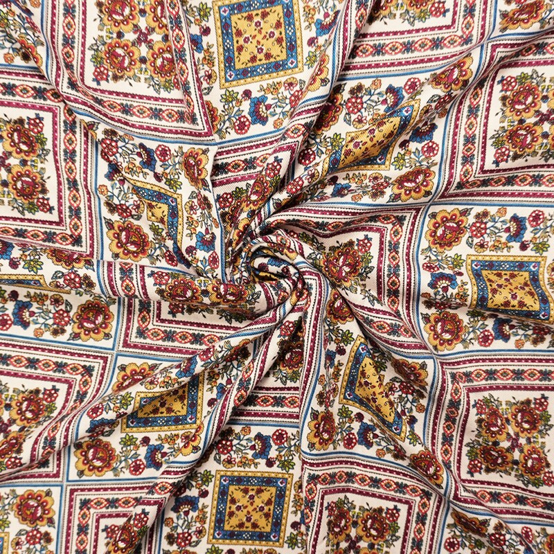 Ivory-Red-Multi Rayon Floral Tile Printed Twill Woven Fabric By the Yard