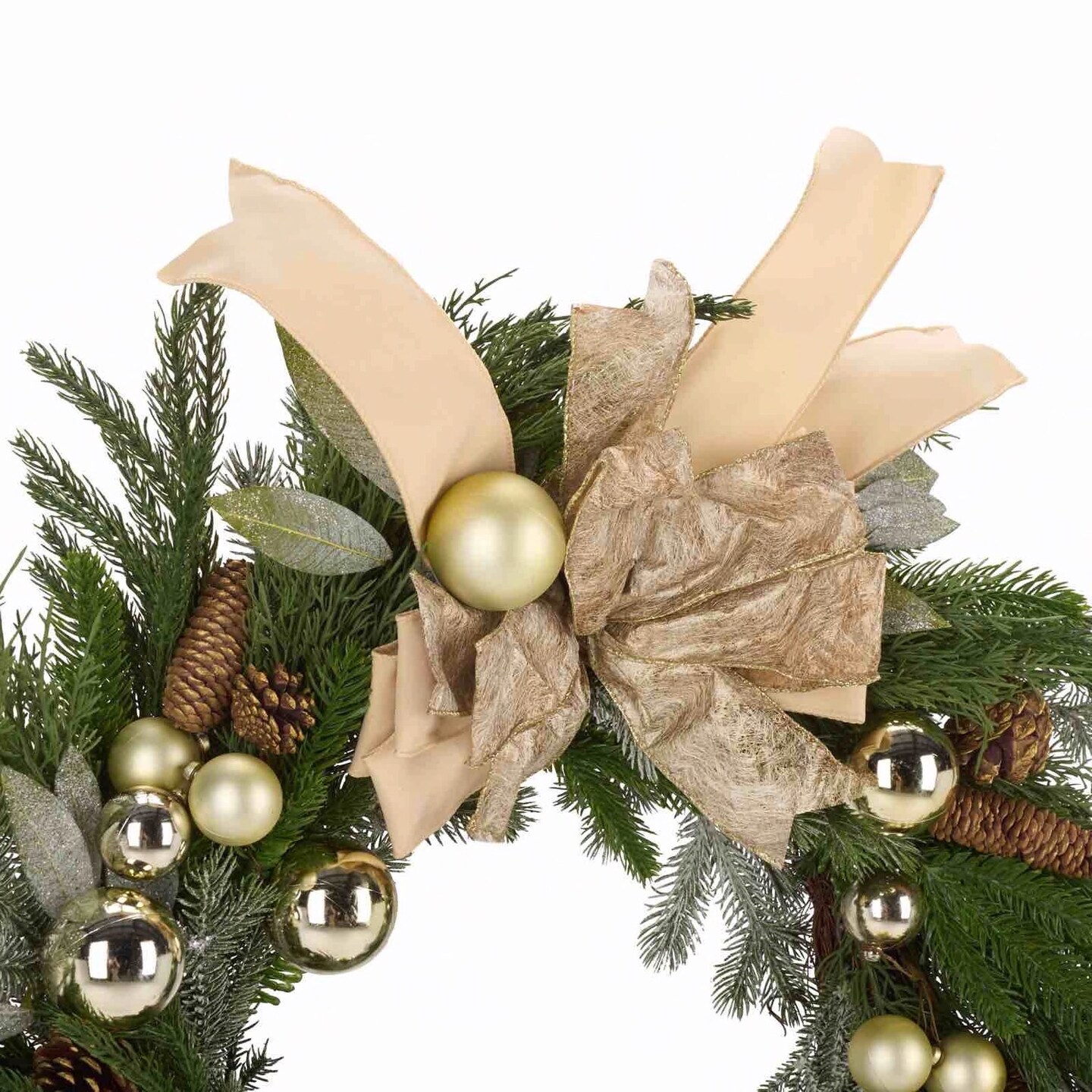 Faux 28 Inch Pine Needle Wreath W/Ornaments And Ribbon, Pine Cone