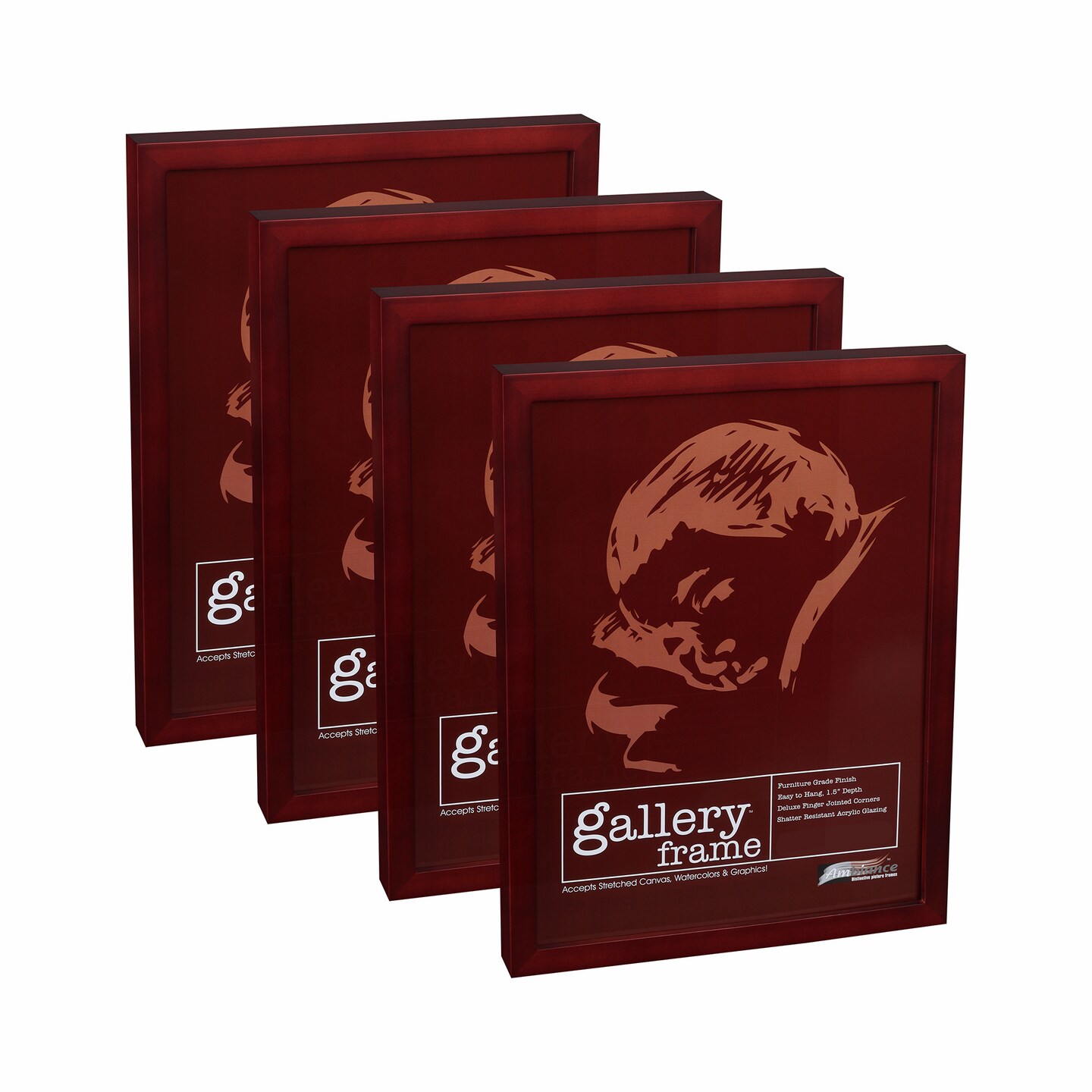 Ambiance Gallery Wood 1.5&#x22; Deep Picture Frames - 11x14&#x22; Pack of 4 Cherry Wood Frames, Shatter-Resistant Acrylic Glazing &#x26; MDF Backing, Horizontal or Vertical Wall Wall Display